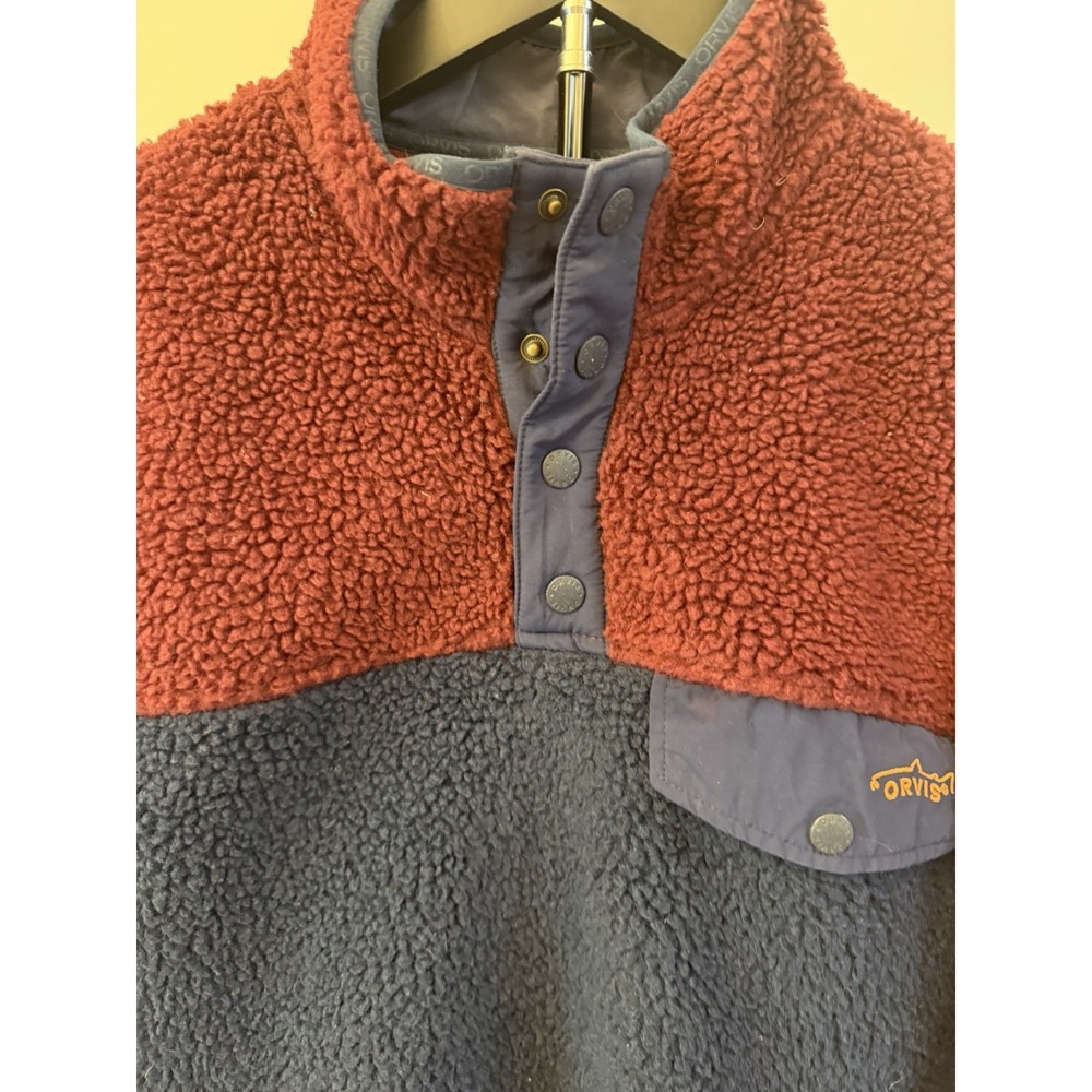 Orvis Pullover Mens  Navy Maroon Fleece Sherpa Snap Front Shirt Jacket Medium - Picture 3 of 9